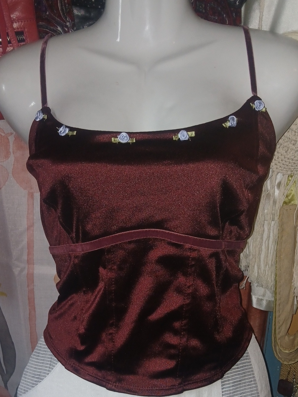 wild fable Spaghetti Strap Cami in Deep Wine with Blue Floral Trim Large